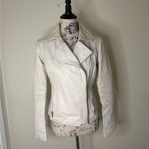 Vintage Y2K Zara Woman Cream Leather Moto Jacket Size L Biker Winter White 2000s